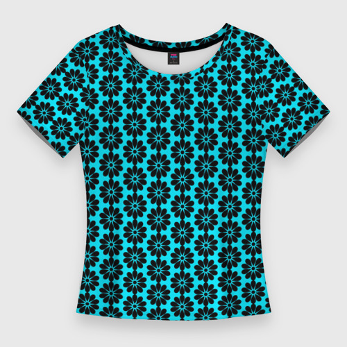 Женская футболка 3D Slim Стилизованные цветы чёрно-голубой, цвет 3D печать