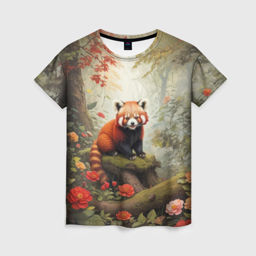 Женская футболка с принтом Красная панда в лесу, вид спереди №1