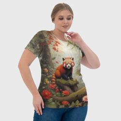 Футболка с принтом Красная панда в лесу для женщины, вид на модели спереди №4. Цвет основы: белый