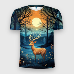 Мужская футболка 3D Slim Олень в ночном лесу фолк-арт