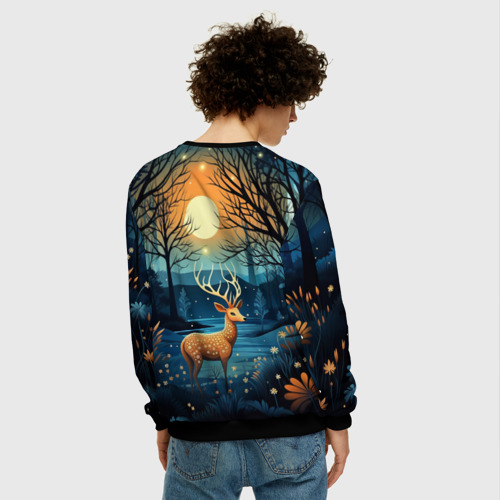 Мужской свитшот 3D с принтом Олень в ночном лесу фолк-арт, вид сзади #2