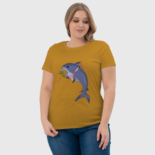 Женская футболка хлопок Акула с брокколи, цвет горчичный - фото 6