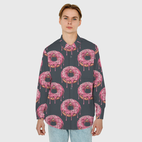 Мужская рубашка oversize 3D с принтом Паттерн с пончиками, фото на моделе #1