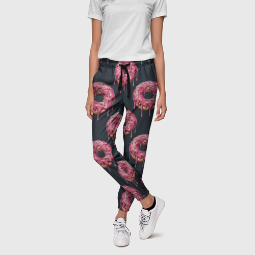 Женские брюки 3D с принтом Паттерн с пончиками, фото на моделе #1
