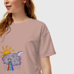 Женская футболка хлопок Oversize Туча с радугой луной и солнцем - фото 2