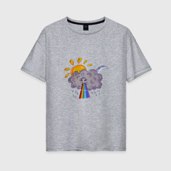 Женская футболка хлопок Oversize Туча с радугой луной и солнцем