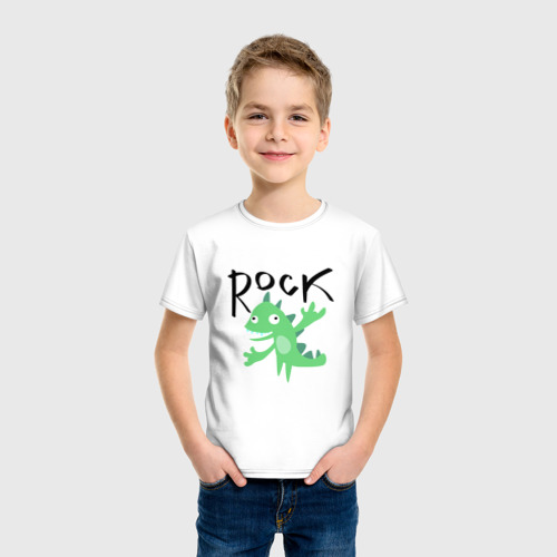 Детская футболка хлопок Детский динозавр с надписью rock, цвет белый - фото 3
