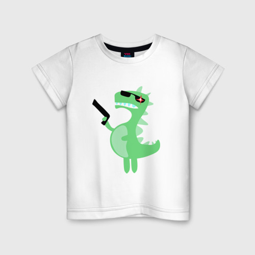 Детская футболка из хлопка с принтом Детский динозаврик киборг в очках, вид спереди №1