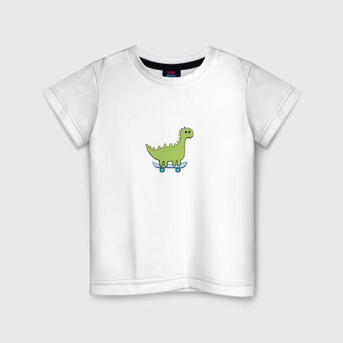 Детская футболка из хлопка с принтом Простой динозавр на скейте, вид спереди №1