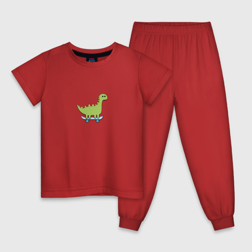 Детская пижама хлопок Простой динозавр на скейте, цвет красный