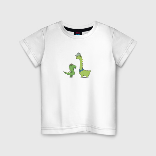 Детская футболка из хлопка с принтом Мультяшные динозавры Шерлок и Ватсон, вид спереди №1