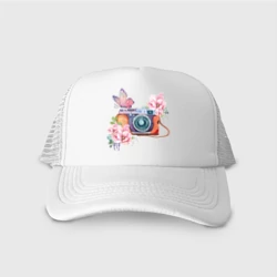 Кепка тракер с сеткой Фотоаппарат в цветах и бабочки