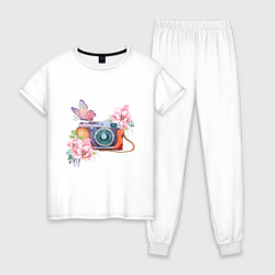 Женская пижама хлопок Фотоаппарат в цветах и бабочки