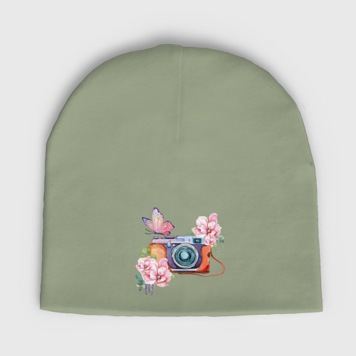 Женская шапка демисезонная Фотоаппарат в цветах и бабочки, цвет авокадо