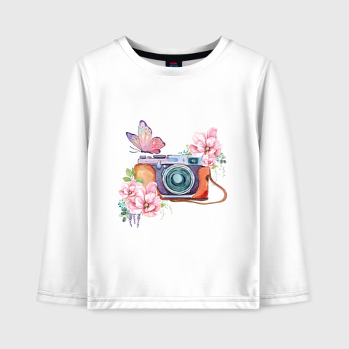 Детский лонгслив хлопок Фотоаппарат в цветах и бабочки, цвет белый