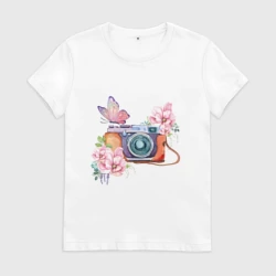Женская футболка хлопок Фотоаппарат в цветах и бабочки