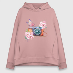 Женское худи Oversize хлопок Фотоаппарат в цветах и бабочки