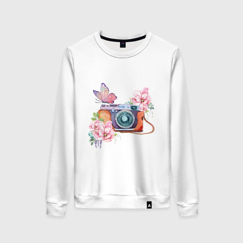 Женский свитшот хлопок Фотоаппарат в цветах и бабочки, цвет белый