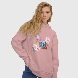 Женское худи Oversize хлопок Фотоаппарат в цветах и бабочки - фото 2