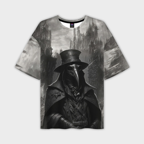 Мужская футболка оверсайз с принтом Чумной доктор в горах, вид спереди №1