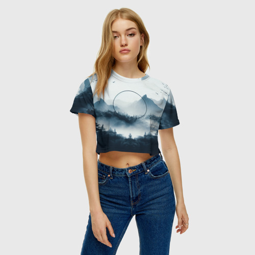 Женская футболка Crop-top 3D Утренние горы, цвет 3D печать - фото 3