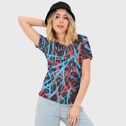 Женская футболка 3D Slim Синие и красные гранжевые полосы, цвет 3D печать - фото 3