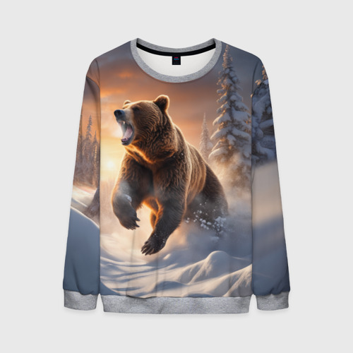 Мужской свитшот 3D Бурый медведь в лесу, цвет меланж