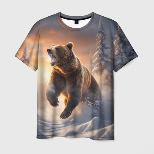 Мужская футболка с принтом Бурый медведь в лесу, вид спереди №1