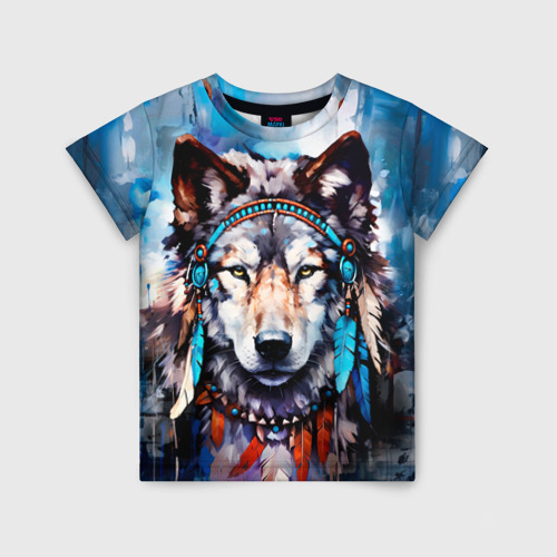 Детская футболка 3D с принтом Волк - индейская поп-культура, вид спереди #2