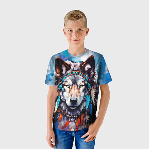 Детская футболка 3D с принтом Волк - индейская поп-культура, фото на моделе #1