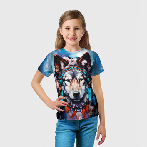 Детская футболка 3D с принтом Волк - индейская поп-культура, вид сбоку #3