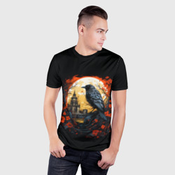 Мужская футболка 3D Slim Ворона в красных цветах - нейросеть - фото 2