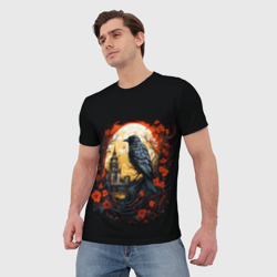 Мужская футболка 3D Ворона в красных цветах - нейросеть - фото 2
