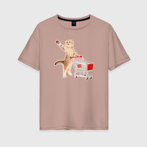 Женская футболка хлопок Oversize с принтом Оранжевый котик с тележкой, вид спереди #2