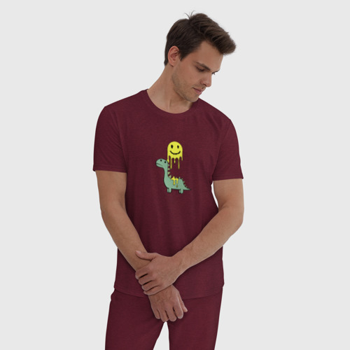 Мужская пижама хлопок с принтом Мультяшный динозавр и стекающий смайлик, фото на моделе #1