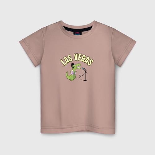 Детская футболка хлопок Мультяшный динозавр Элвис с вывеской Las Vegas, цвет пыльно-розовый