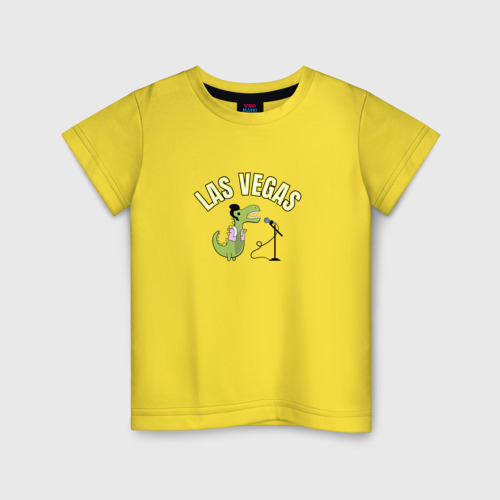 Детская футболка хлопок Мультяшный динозавр Элвис с вывеской Las Vegas, цвет желтый