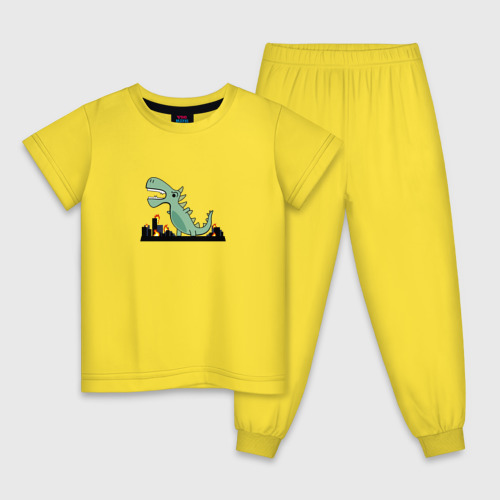 Детская пижама хлопок Динозавр годзилла крушит город, цвет желтый
