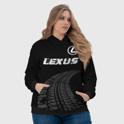 Толстовка с принтом Lexus speed на темном фоне со следами шин: символ сверху для женщины, вид на модели спереди №4. Цвет основы: черный