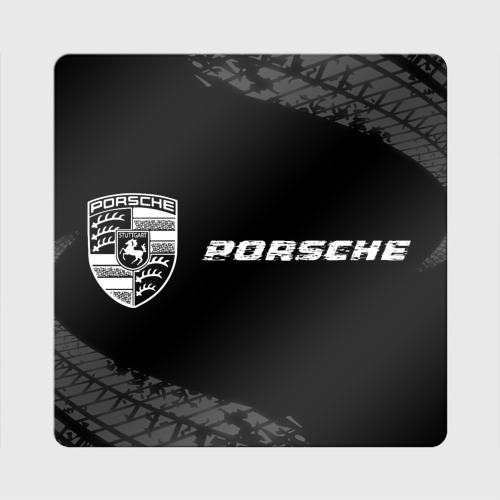 Магнит виниловый Квадрат Porsche speed на темном фоне со следами шин по-горизонтали