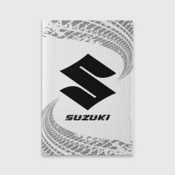 Обложка для паспорта матовая кожа Suzuki speed на светлом фоне со следами шин