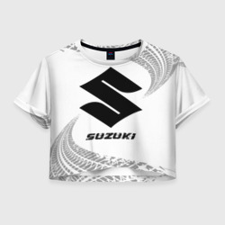 Женская футболка Crop-top 3D Suzuki speed на светлом фоне со следами шин