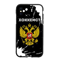 Чехол для iPhone XS Max матовый Хоккеист из России и герб РФ