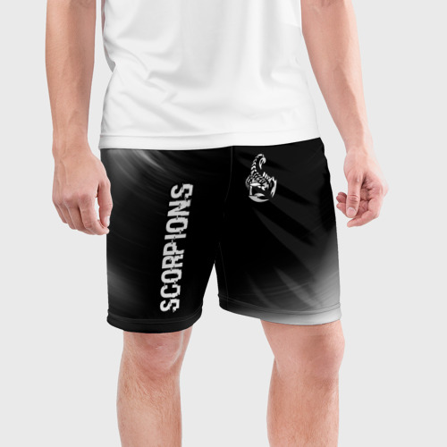 Мужские шорты спортивные с принтом Scorpions glitch на темном фоне вертикально, фото на моделе #1