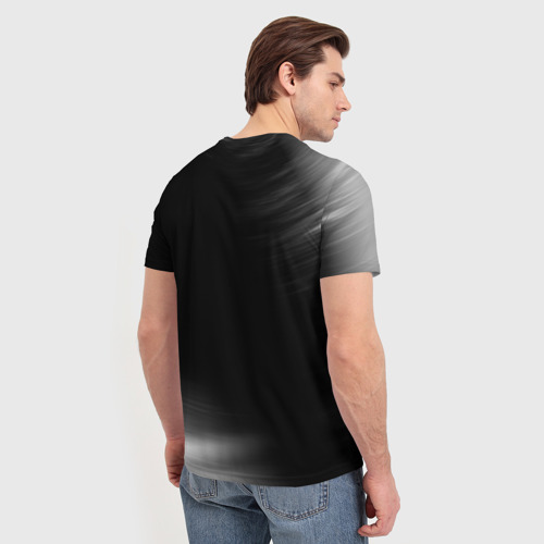 Мужская футболка 3D с принтом Scorpions glitch на темном фоне вертикально, вид сзади #2