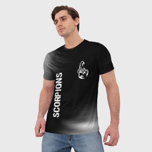 Мужская футболка 3D с принтом Scorpions glitch на темном фоне вертикально, фото на моделе #1