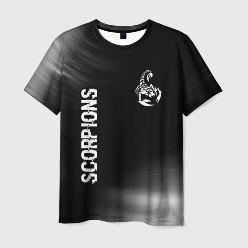 Мужская футболка 3D с принтом Scorpions glitch на темном фоне вертикально, вид спереди #2