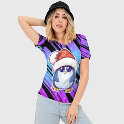 Женская футболка 3D Slim Новогодний пингвин с шапкой - фото 2