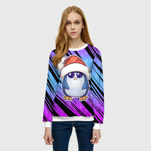 Женский свитшот 3D Новогодний пингвин с шапкой, цвет 3D печать - фото 3