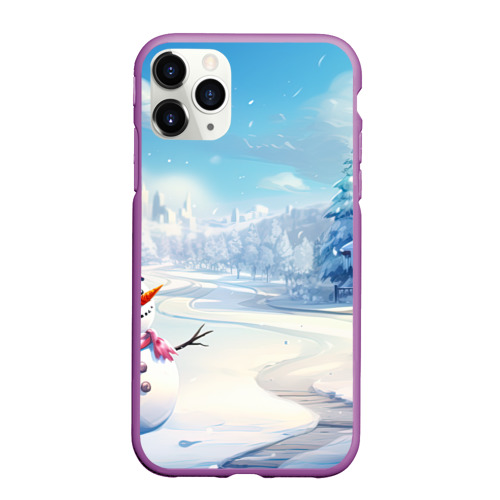 Чехол для iPhone 11 Pro матовый с принтом Новогодний пейзаж снеговик, вид спереди #2